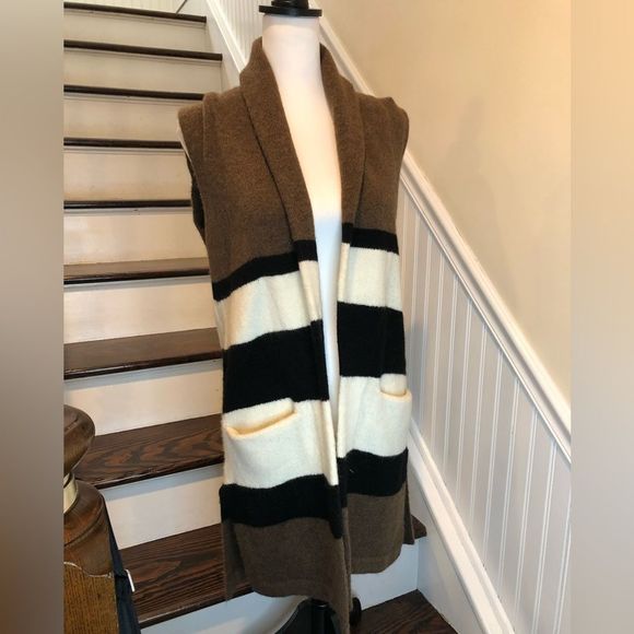 Color Block Long Thick Sleeveless Cardigan Sweater Vest Shawl Collar & Pockets - Picture 1 of 12